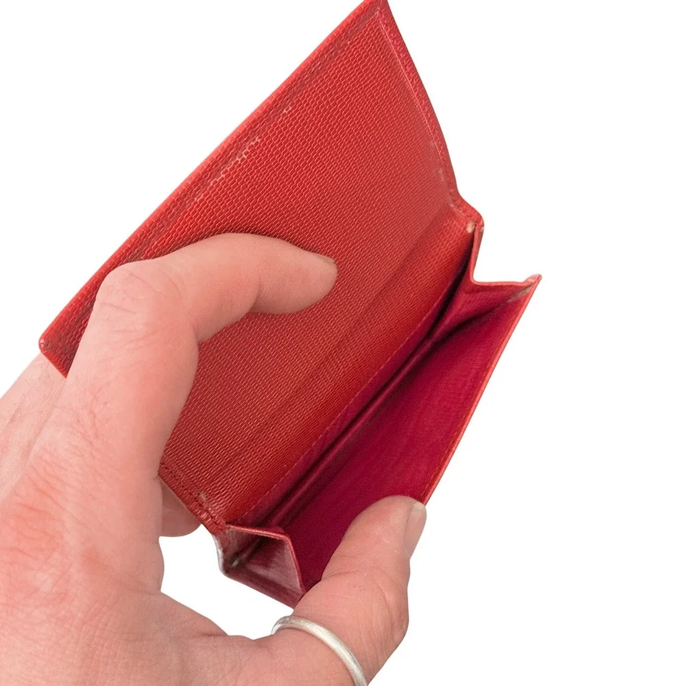 Celine Paris Vintage Card Holder Red Leather Mini Wallet‎ Gold Logo Unworn Auth.